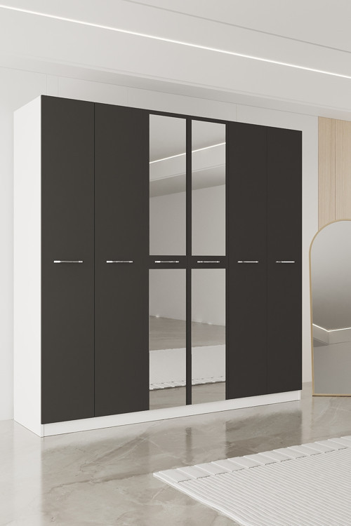 Ae-2191 Hisar Aynalı 6 Kapaklı Çok Bölmeli Askılı Ve Raflı Geniş Hacimli Gardırop 210X210 Cm