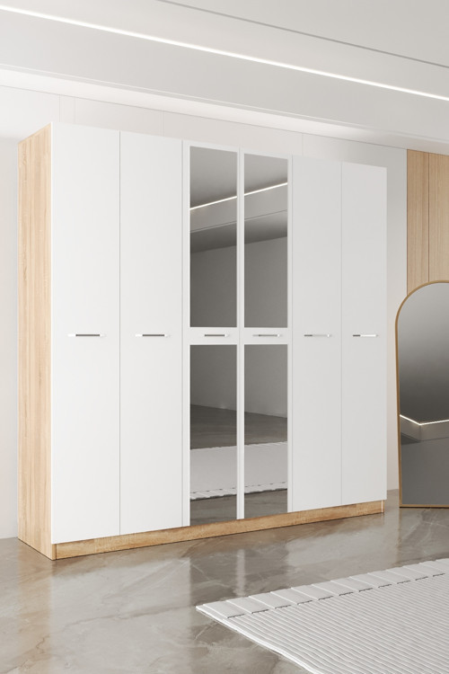 Ae-2191 Hisar Aynalı 6 Kapaklı Çok Bölmeli Askılı Ve Raflı Geniş Hacimli Gardırop 210X210 Cm