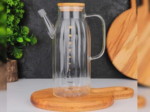 Bambu Kapaklı Cam Yağdanlık Yağ Sürahisi 1000 ML Borosilikat Cam