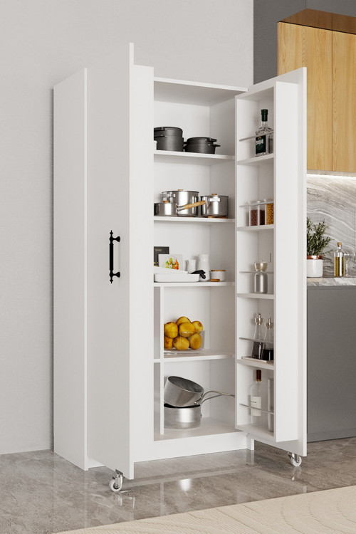 Ae-3035 Vezir Beyaz Kiler, Erzak Dolabı, Çok Amaçlı Mutfak Dolabı, Banyo,2 Kapaklı, Raflı, Tekerli