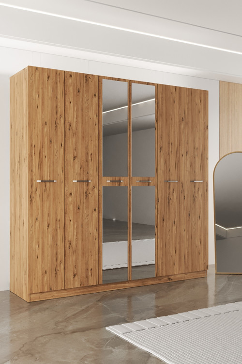 Ae-2191 Hisar Aynalı 6 Kapaklı Çok Bölmeli Askılı Ve Raflı Geniş Hacimli Gardırop 210X210 Cm