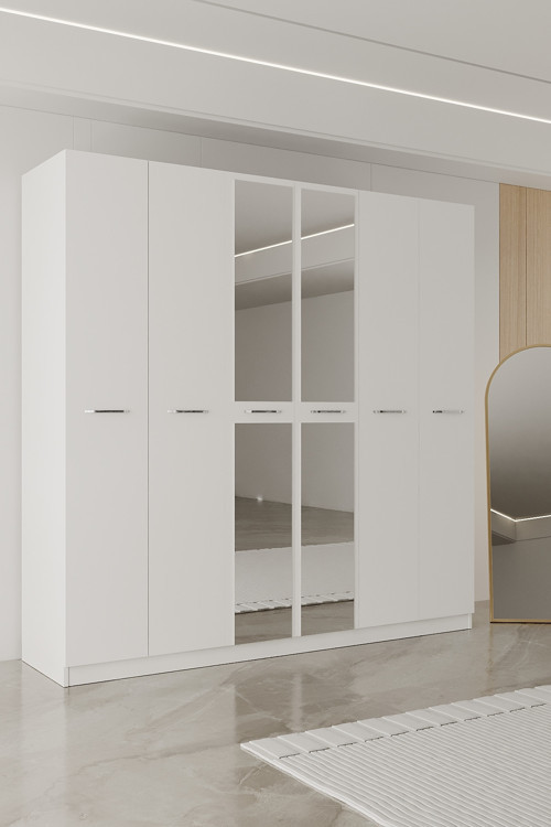 Ae-2191 Hisar Aynalı 6 Kapaklı Çok Bölmeli Askılı Ve Raflı Geniş Hacimli Gardırop 210X210 Cm