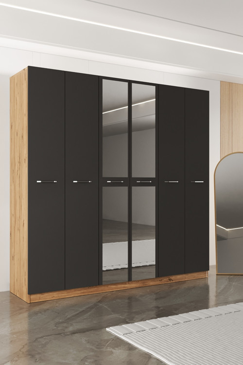 Ae-2191 Hisar Aynalı 6 Kapaklı Çok Bölmeli Askılı Ve Raflı Geniş Hacimli Gardırop 210X210 Cm