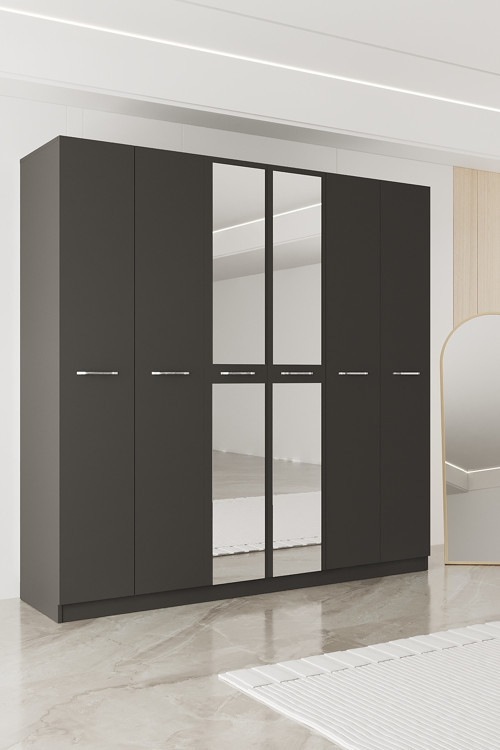 Ae-2191 Hisar Aynalı 6 Kapaklı Çok Bölmeli Askılı Ve Raflı Geniş Hacimli Gardırop 210X210 Cm