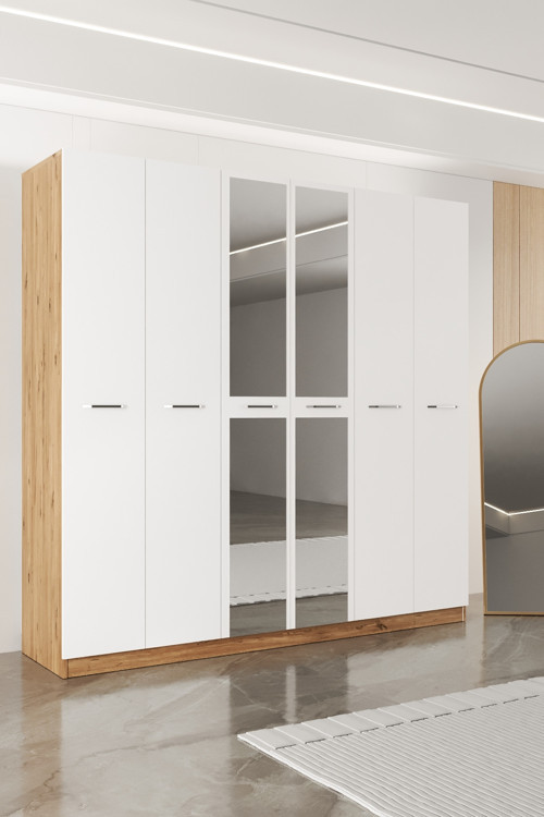 Ae-2191 Hisar Aynalı 6 Kapaklı Çok Bölmeli Askılı Ve Raflı Geniş Hacimli Gardırop 210X210 Cm