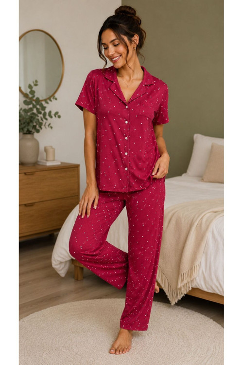 Kısa Kollu Full Düğmeli Gömlek Yaka Şık Desenli Terletmeyen Tüm Mevsimler için Pijama Takımı Lohusa Homewear