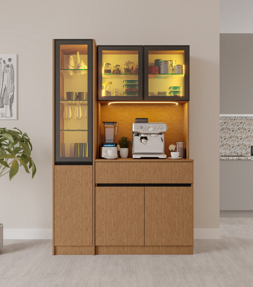 Bambu Midi Sol Vitrinli Komple MDF LED Aydınlatmalı Kahve Köşesi