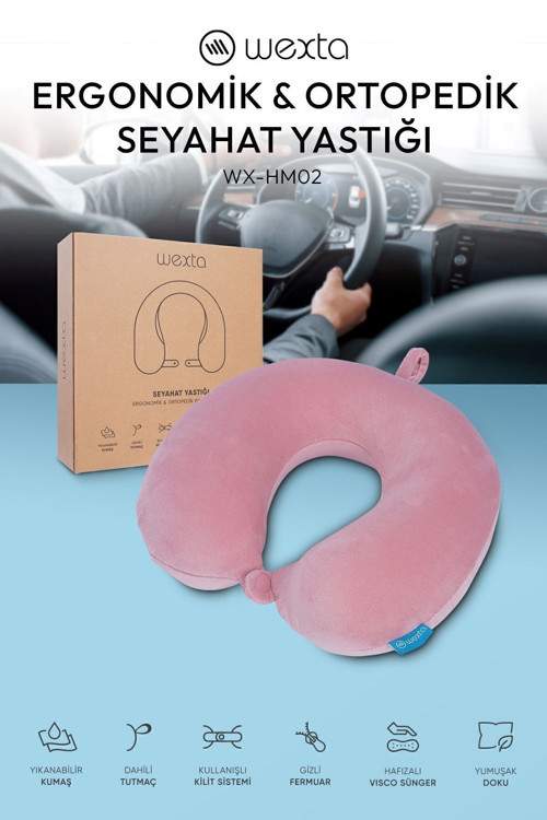 Seyahat Boyun Yastığı Comfort Ortopedik Seyahat Yastığı Visco Pembe