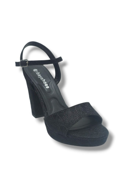 321-26 Simli İşlemeli Saten Tek Bant Kalın Topuk Kadın Sandalet(11cm)