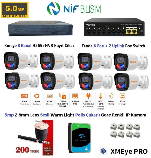 Xmeye 5mp 2.8mm Sabit Lens Polis Çakarlı Sesli Ve Gece Renkli 8 Kameralı IP Kamera Seti 4TB Disk