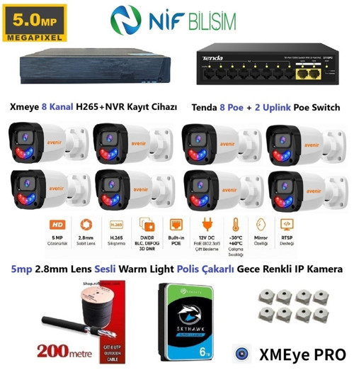 Xmeye 5mp 2.8mm Sabit Lens Polis Çakarlı Sesli Ve Gece Renkli 8 Kameralı IP Kamera Seti 6TB Disk