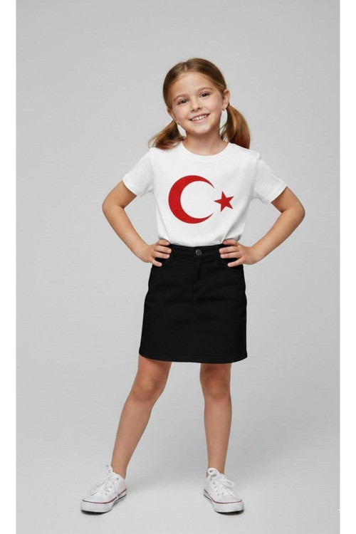 Kız Çocuk AYYILDIZ BAYRAK Baskılı T-Shirt Ve Keten Etek Takım 23 NİSAN-Özel Bayramlar