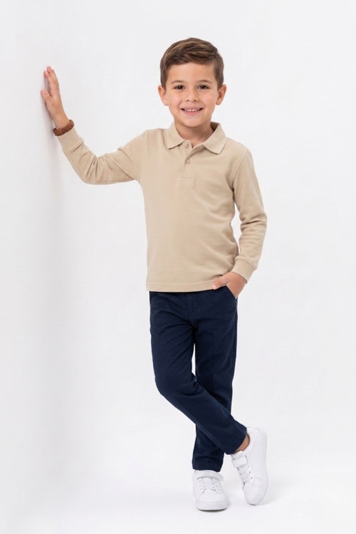 Unisex Çocuk Uzun Kollu Polo Yaka Lakost Okul Tişörtü