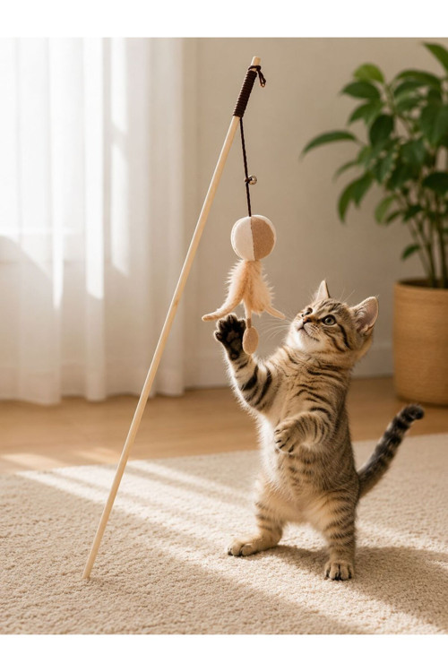 Kedi Oltası Tüylü Peluş Fare Ya da Toplu Oyuncağı Zilli Ahşap Saplı İnteraktif Kedi Oyuncağı