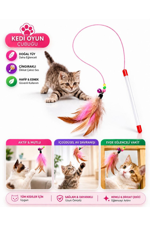 Kedi Oyuncak Çubuğu Tüylü Çıngıraklı İnteraktif Kedi Oltası Oyuncağı
