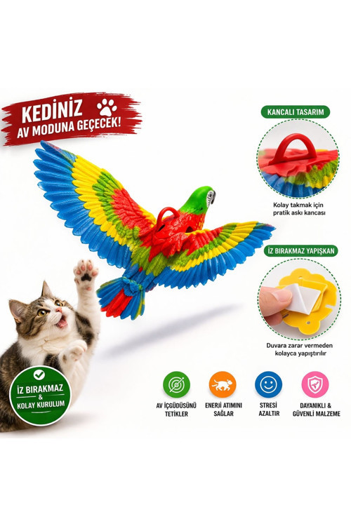 Duvara Asılabilir Uçan Papağan Kedi Oyuncağı – İnteraktif Hareketli Kuş Oyuncak