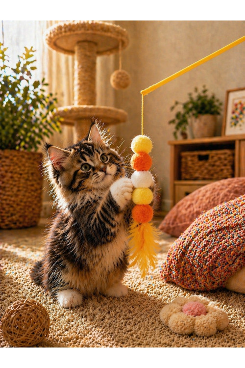Kedi Oltası Oyuncağı Tüylü Ponponlu Renkli Kedi Oyuncağı Solucan Model Olta Kedi Eğlence Oyuncak