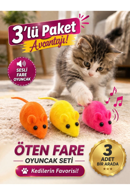 3’lü Öten Fare Kedi Oyuncağı Seti – Sesli Peluş Fare Oyuncak (Renkli, Kedilerin Favorisi)