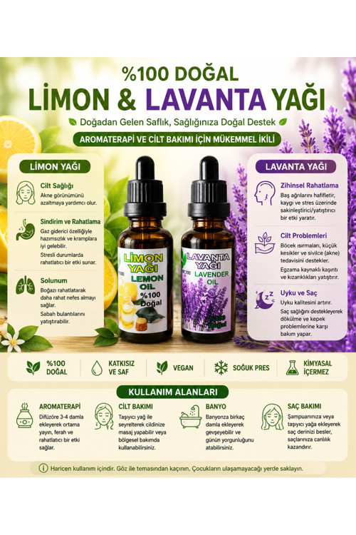 %100 Doğal Bitkisel Limon Yağı 30 Ml + Lavanta Yağı 30 Ml İkisi Birlikte