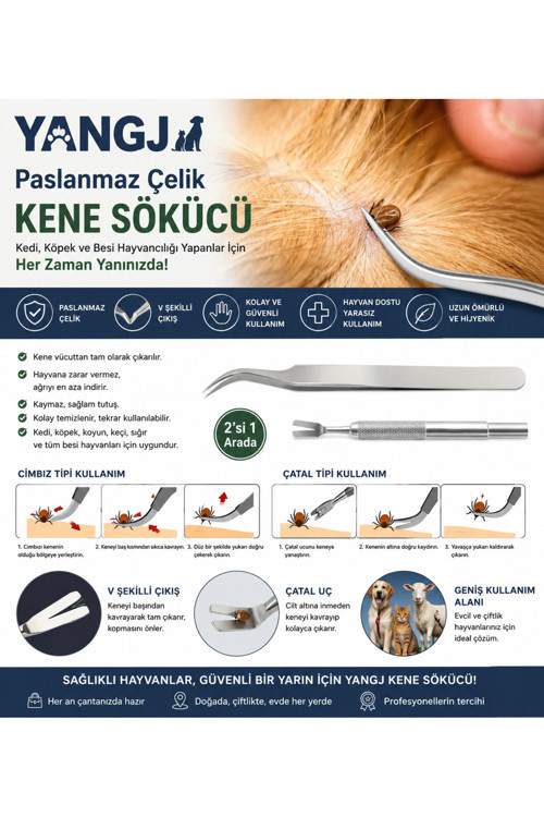 Yangj 2Li Kene Çıkarma Alet Seti, Çoğu Evcil Hayvan İçin Uygun Paslanmaz Çelik