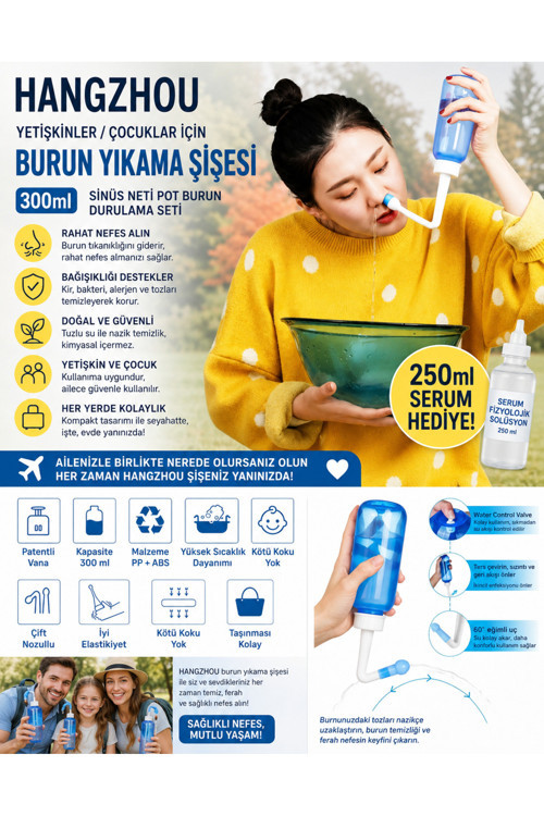 Hangzhou Yetişkinler/Çocuklar İçin Burun Yıkama Şişesi 300Ml Sinüs Neti Pos Burun Durulama Seti+250Ml Serum Hediye!