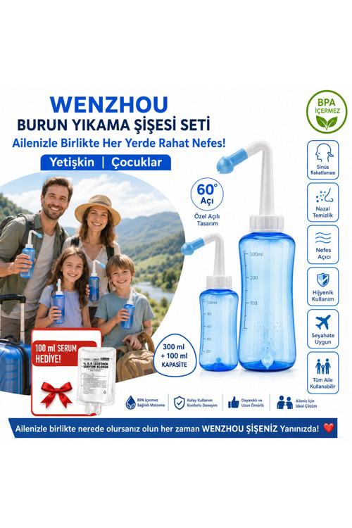 Wenzhou Bpa İçermeyen Burun Yıkama Şişesi Seti - Sinüs Rahatlaması 300 Ml+100Ml Serum Hediye!