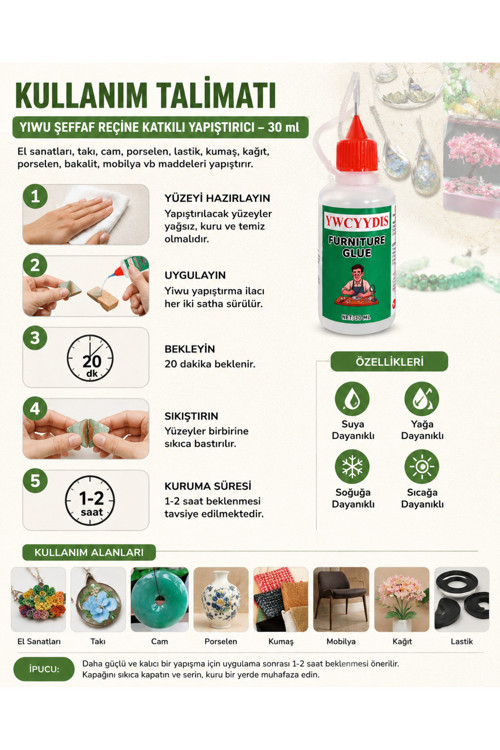 Yıwu El Sanatları, Porselen, Cam, Takı Ve Daha Fazlası İçin Şeffaf Reçine Katkılı Yapıştırıcı 30 Ml