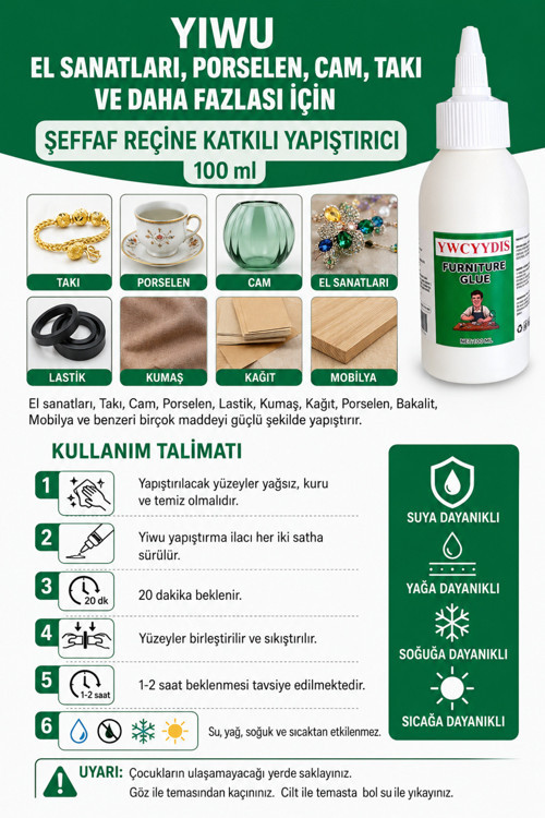 Yıwu El Sanatları, Porselen, Cam, Takı Ve Daha Fazlası İçin Şeffaf Reçine Katkılı Yapıştırıcı 100 Ml