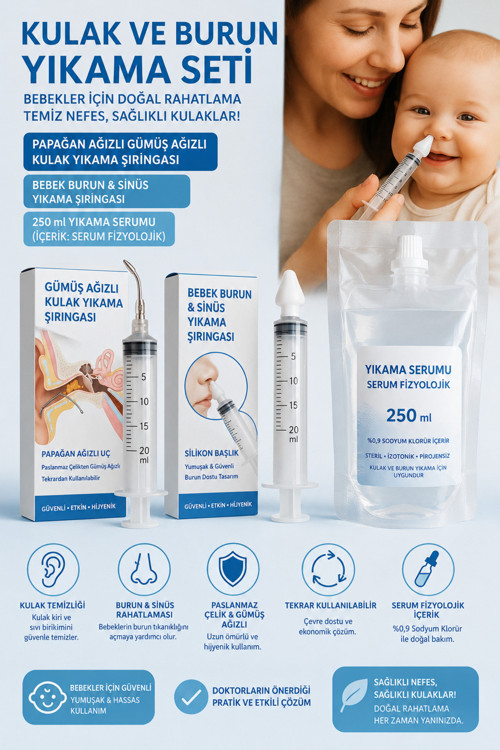 Papağan Ağızlı Gümüş Ağızlı Kulak Yıkama Şırıngası + Bebekler İçin Sinüs Yıkama Şırıngası+ 250 Ml Yıkama Serumu