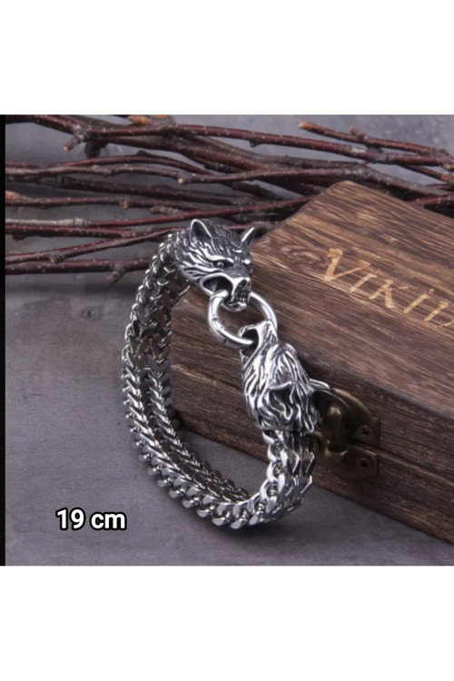 Yıwu Erkekler İçin Viking Kurt Başlı Zincir Bilezik - Paslanmaz Çelikten Örtüşen Kurtlar Tasarımı