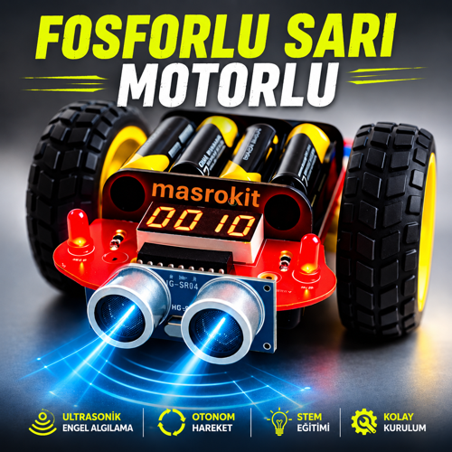 U2L-7717 Ultrasonik Sensörlü Engelden Kaçan Robot Eğitim Kiti (Fosforlu Sarı Motorlu)