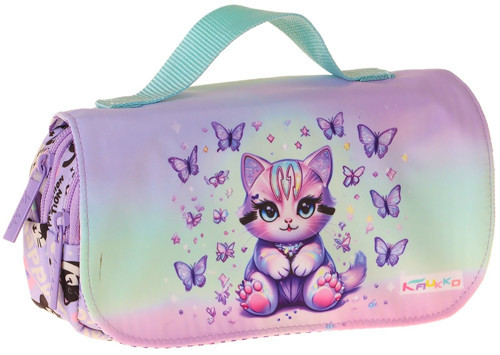 Kids Taşıma Askılı Kız Çocuk Mor Kedi Desenli Şık Kalem Çantası (Yeşil - Mor) - L5290