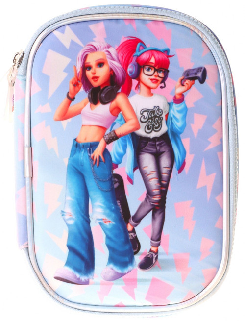 Kız Çocuk Mavi - Pembe Cool Desenli Organizer Düzenleyici Kalem Çantası - W6041