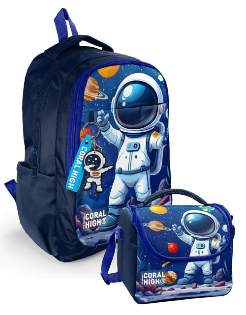Lacivert Beyaz Astronot Baskılı Erkek Çocuk İkili Sırt Çantası+Beslenme Çantası Seti