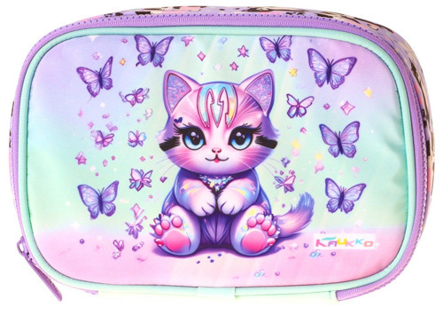 Kids Mor Kedi Desenli Yeşil - Mor Kız Çocuk Organizer Kalem Çantası - Kalemlik - L5294