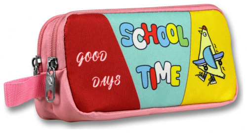 İki Bölmeli School Time Baskılı Pembe - Yeşil Kız Çocuk Kalem Çantası - 6071
