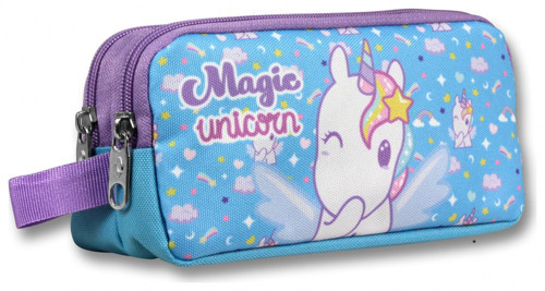 İki Bölmeli Magic Unicorn Baskılı Mor - Turkuaz Kız Çocuk Kalem Çantası - 6017