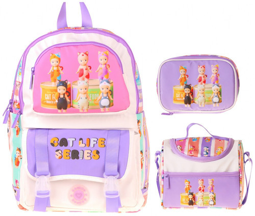 Kids Cat Life(Mor - Krem Renk) Kız Çocuk Üçlü İlkokul Okul Çantası Seti/Takımı - SETKK-L5313D
