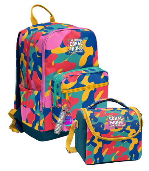 Renkli Kamuflaj Desenli (Unisex) Okul Sırt ve Beslenme Çantası Seti - SETYGN33232B