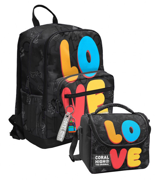 Siyah Çok Renkli Love Baskılı (Erkek Çocuk) Okul Sırt ve Beslenme Çantası Seti - SETYGN33230B