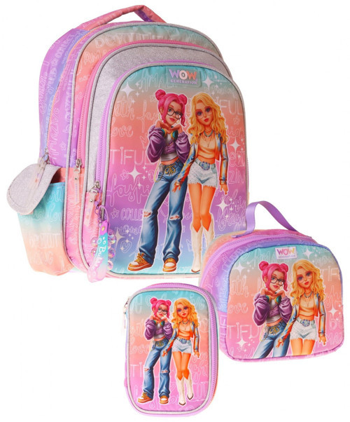 Üçlü İlkokul Okul Çanta Seti - Pembe - Mor - Star Desenli - Kız Çocuk - SETWG-W6033A