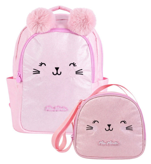 Kız Çocuk İlkokul Çantası ve Beslenme Çantası Seti (Kedi Baskılı) Pembe - SETMM26056B