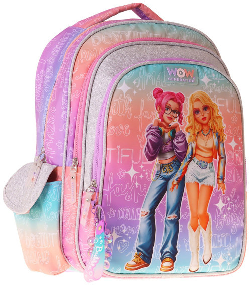 Kız Çocuk Star Desenli (Pembe - Mor) İlkokul ve Günlük Sırt Çantası (Üç Bölmeli) - W6033