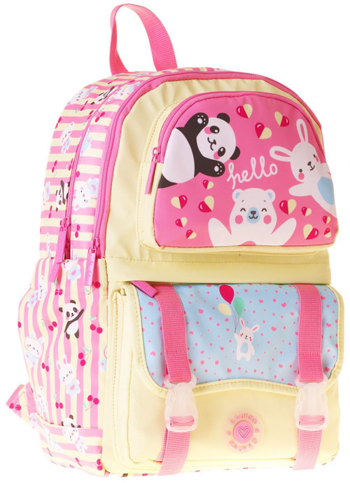 Kids Dört Bölmeli Kız Çocuk Hello Baskılı Sarı - Pembe Okul Sırt Çantası - L5308
