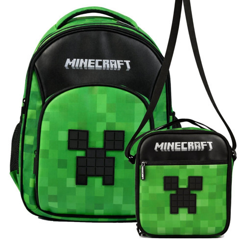 Erkek Çocuk İlkokul Çantası ve Beslenme Çantası Seti (Minecraft Kabartmalı) Siyah - Yeşil - SETMC26609B