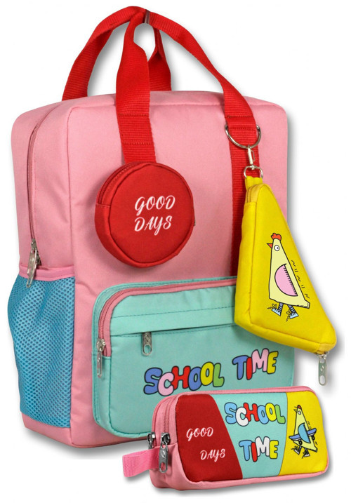 (Pembe - Yeşil) Kız Çocuk School Time Baskılı İlkokul Çantası ve Kalemlik Seti - SETUMT6069C