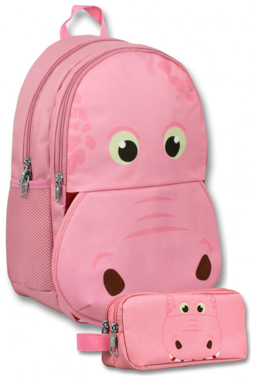 (Pembe) Kız Çocuk Pembe Hipopotam Şekilli İlkokul Çantası ve Kalemlik Seti - SETUMT6030C