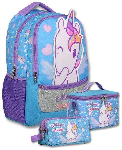 Kız Çocuk Magic Unicorn Baskılı Üçlü İlkokul Okul Çanta Seti - SETUMT6015A
