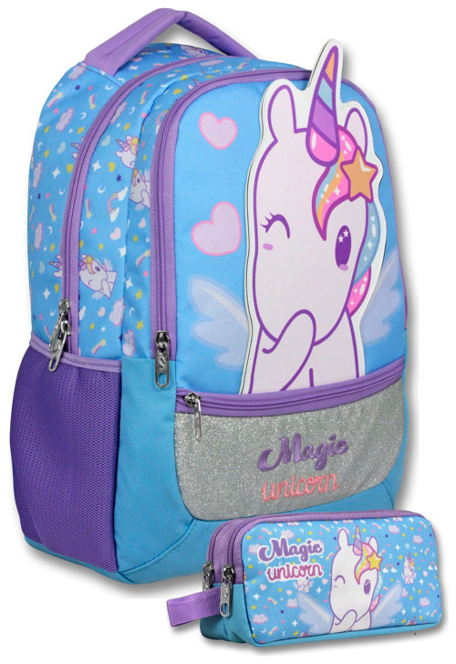 (Mor - Turkuaz) Kız Çocuk Magic Unicorn Baskılı İlkokul Çantası ve Kalemlik Seti - SETUMT6015C