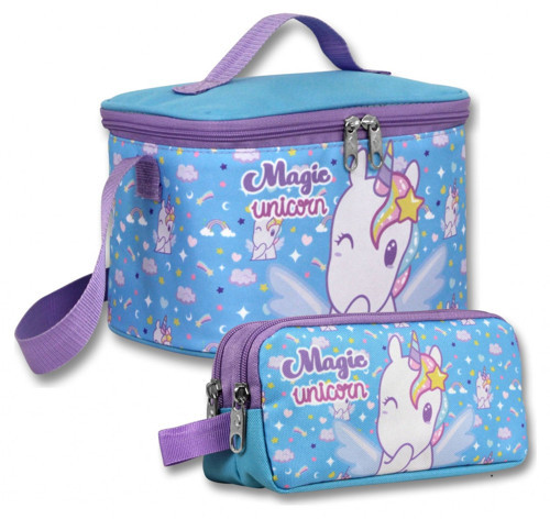 Yalıtımlı Beslenme Çantası ve Kalemlik Seti (Mor - Turkuaz) Kız Çocuk Magic Unicorn Baskılı SETUMT6016